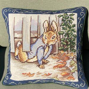 Needlepoint Peter Rabbit Garden Gate Throw Pillow - Square